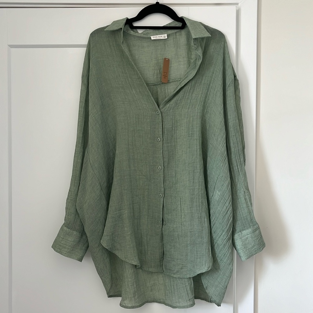 Sheer button up, maternity, women’s, oversized, blouse, new with tags, pinkblush
